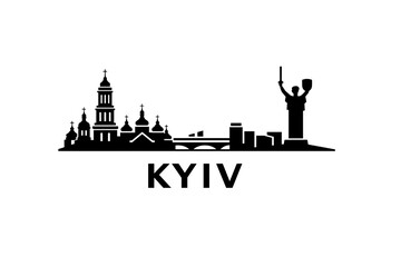 Fototapeta premium Kyiv Skyline Silhouette Poster, Minimalist Black Cityscape Illustration with Ukrainian Landmarks