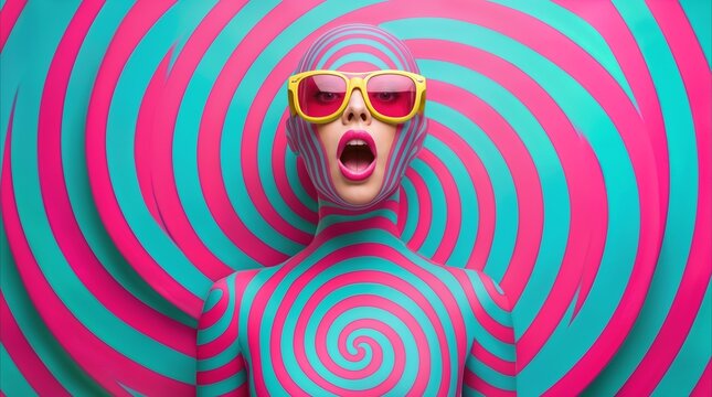 Person wearing yellow sunglasses with open mouth shouting. Surreal portrait featuring pink and teal spiral pattern on body and background.