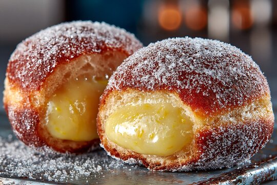 Close up of sugar coated donuts filled with creamy yuzu curd