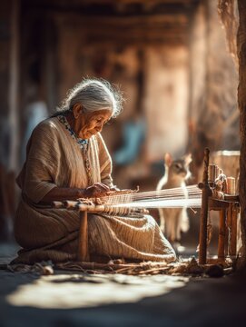 Elderly Peruvian woman focused on weaving with a traditional loom in a sunlit courtyard