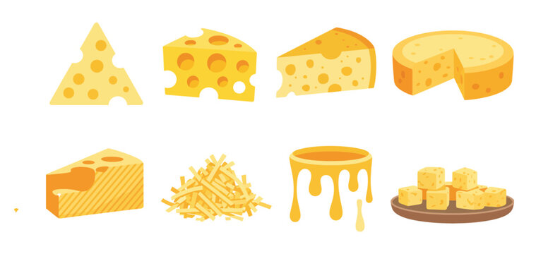 Cheese Icons in Various Styles, Vector Illustration Featuring Slices, Wedges, Blocks, Melted, Dripping, and Shredded Dairy Food Designs
