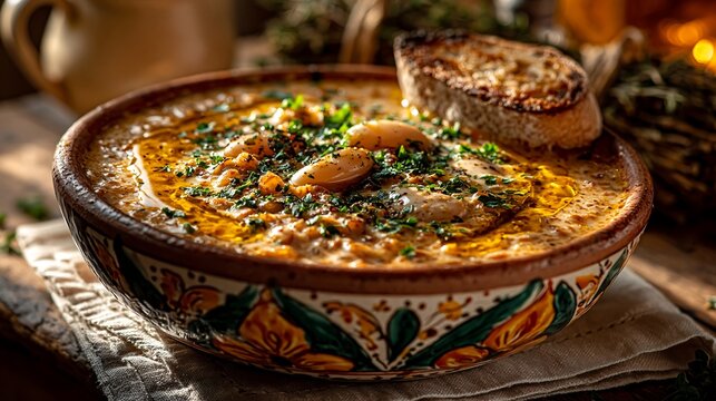 Traditional minestra di farro soup in a rustic ceramic bowl