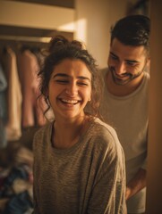 Fototapeta premium Young Arab couple joyfully assembling furniture in new apartment, embracing genuine warmth and connection