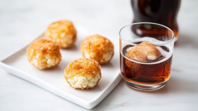 Golden-fried cauliflower 'ice cream' balls, one floating in cola glass with others on a white plate. A surprising, playful veggie-dessert concept. Cauliflower, float