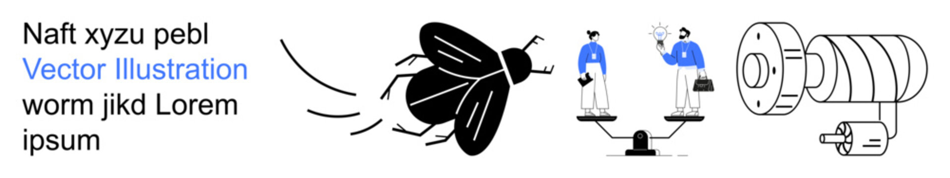 Business concepts, law, justice, industry, balance, automation. Stylized visuals of a fly, scale and machine. Legal balance and industrial automation concepts