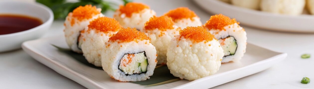 Gourmet Cauliflower Sushi Rolls Low-carb, vibrant orange tobiko, crabstick and cucumber filling, on white plate with soy sauce. Fresh, healthy Asian cuisine close-up.,Sushi,Low-carb