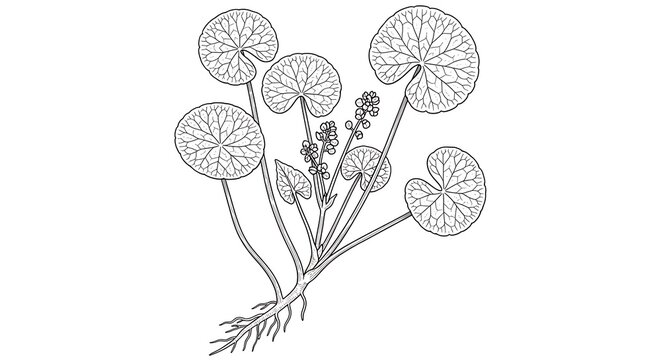 Detailed black and white illustration of a delicate aquatic plant with round leaves and a taproot