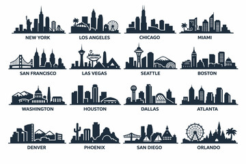 Naklejka premium USA City Skyline Silhouette Icon Set with Names, Black Flat Urban Landmarks on White Background