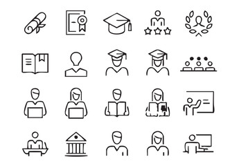 Fototapeta premium Education and Graduation Line Icon Set: Minimalist Student University Vector Symbols for Web UI Design, School E-Learning App, and Academic Certificate Graphics