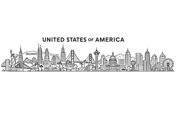 Obraz premium Minimal USA Skyline Line Art Vector with United States of America Cityscape Panorama and Famous Landmarks Isolated on White Background