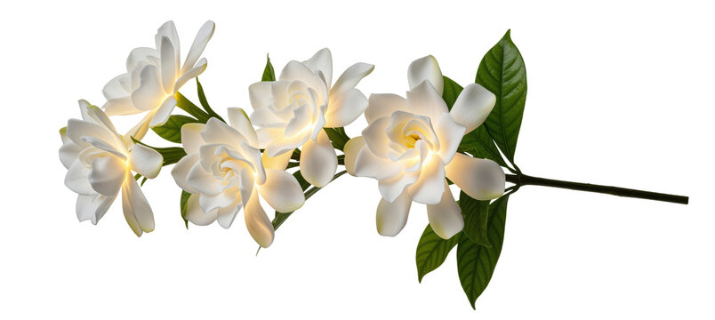 Gardenia flower branch on transparent background for spa packaging, wedding invitation suites and perfume advertising with luminous petals, leafy stem and clean botanical cutout