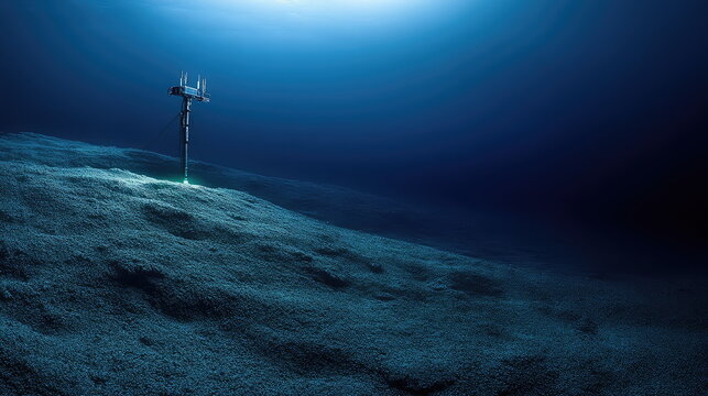 Remotely operated vehicle illuminating the deep sea floor while conducting oceanographic research and surveys in dark blue water, capturing seafloor data and exploration images