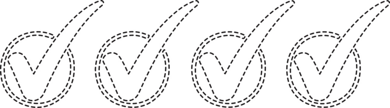 Four black and white checkmarks in dashed lines