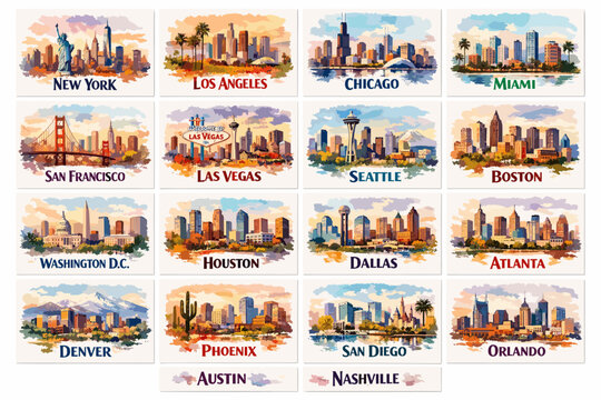 USA City Postcard Style Skylines Set, New York Los Angeles Chicago Miami and More, Colorful Travel Illustration Collection for Souvenir Design