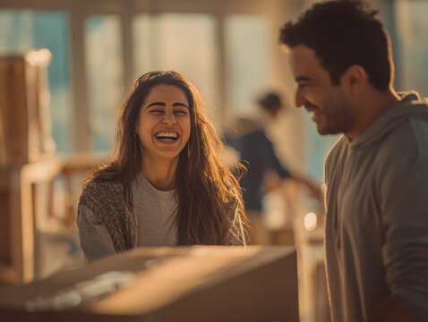 Young Arab couple joyfully assembling furniture in their new apartment with genuine warmth