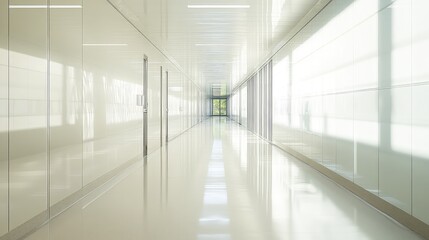 Fototapeta premium Bright clinic corridor featuring spotless white walls and reflective flooring, creating a clean and modern environment extending towards an exit door looking out to green trees