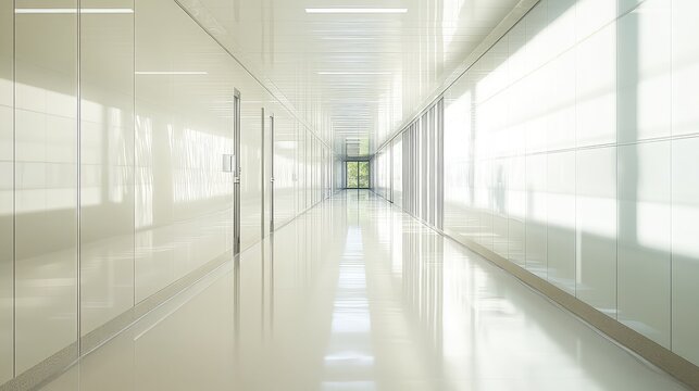 Bright clinic corridor featuring spotless white walls and reflective flooring, creating a clean and modern environment extending towards an exit door looking out to green trees