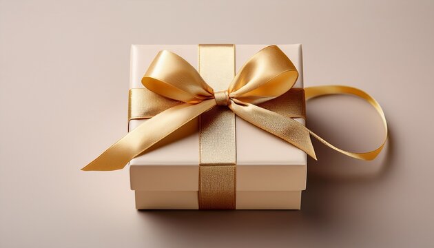 elegant beige gift box tied with a shiny golden ribbon on a soft neutral background