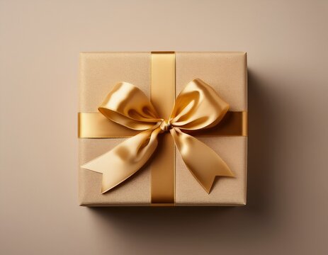 elegant beige gift box with golden ribbon on a minimal neutral background