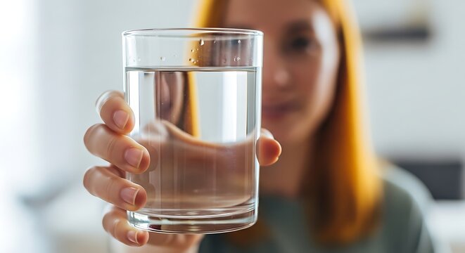 A woman holding a glass of water, close-up view, indoors, natural light, healthy lifestyle, hydration, clear water, refreshing drink, wellness concept, calm mood