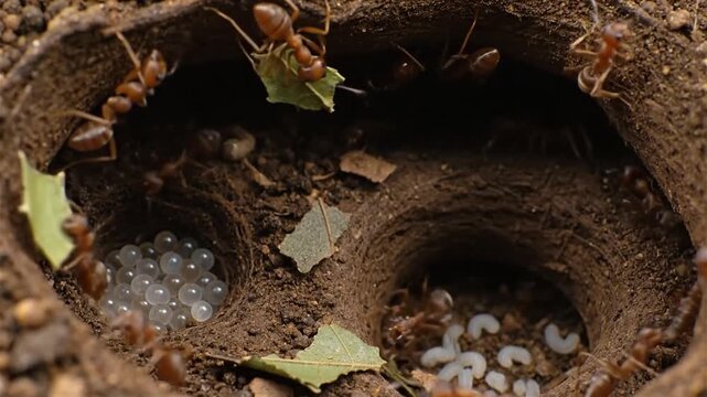 Inside Leaf cutter ants nest with workers, eggs and larvae, amazon lowland rainforest, Ecuador.
