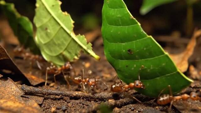Close up shot on Leafcutter ants carrying leaves on amazon lowland rainforest, Ecuador.