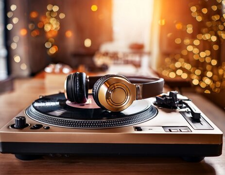 vertical shot of a turntable with sleek headphones in a soft bokeh studio interior
