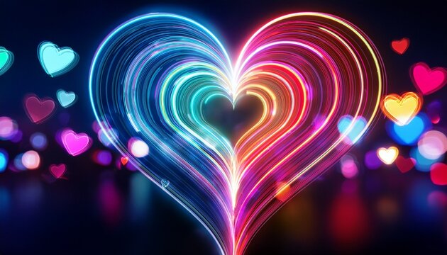 vibrant glowing neon heart shapes drawn with colorful light trails over dark bokeh