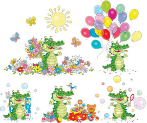 Fototapeta premium Set with a funny green crocodile, vector cartoon illustrations on a white background