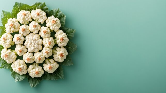 Top-down view Fresh cauliflower florets and leaves in a half-circle on teal, ample copy space for healthy food concepts. Organic produce, vegetarian ingredient. nutrition, raw food