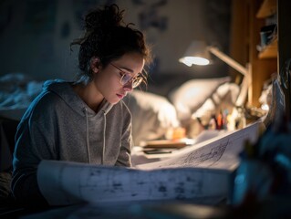 Fototapeta premium Young Arab Woman Studying Engineering Blueprints at Messy Dorm Desk During Late Night