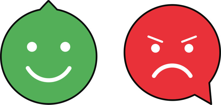 Happy green and angry red speech bubble faces for customer feedback user experience survey satisfaction rating and emotional communication concept vector illustration isolated on white background.