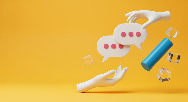 Chat feedback background for comments, rating, opinion sharing and message review with speech bubbles, hands and copy space for survey results, support pages and community discussion topics