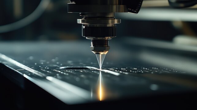 Laser cutter head slicing a steel sheet with a precise blue beam, highlighting automated cnc metal fabrication, high tech industrial manufacturing and precision engineering