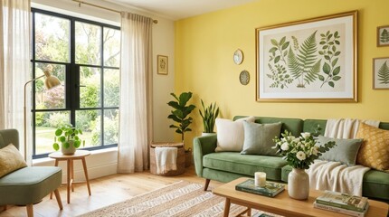 Fototapeta premium Cozy living room with green sofa and botanical art on yellow walls