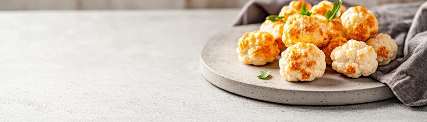 Fototapeta premium Warm Golden-Brown and White Cauliflower Bites on Gray Concrete Plate, Healthy Roasted Vegetarian Side Dish. Wide Culinary Banner with Copy Space,cauliflower,healthy