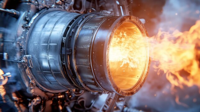 Jet engine nozzle expelling powerful fire and flame, creating immense thrust for propulsion, symbolizing advanced aerospace research and development in modern engineering