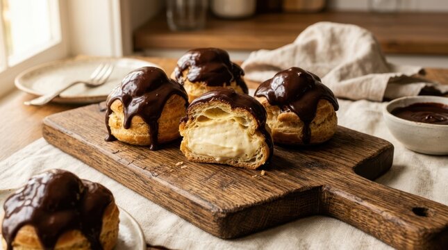 Delicious chocolate-covered cream puffs filled with rich vanilla custard