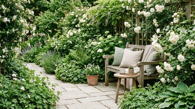 Tranquil garden bench surrounded by lush white roses and blooming flowers