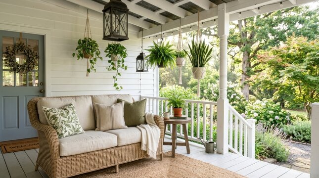 Cozy wicker sofa on a charming porch with hanging plants and garden view
