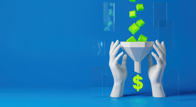 Sales funnel and revenue conversion concept background with falling data blocks, hands holding filter, dollar symbol and blue copy space for investment, business growth, monetization and analytics