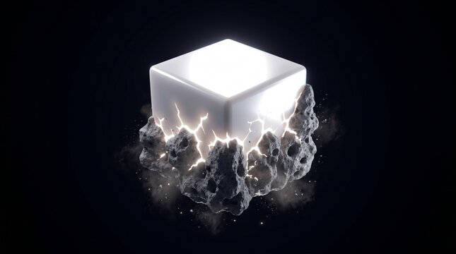 Hovering geometric cube emitting white hot energy while cracking and calcifying into lifeless stone isolated on a black background