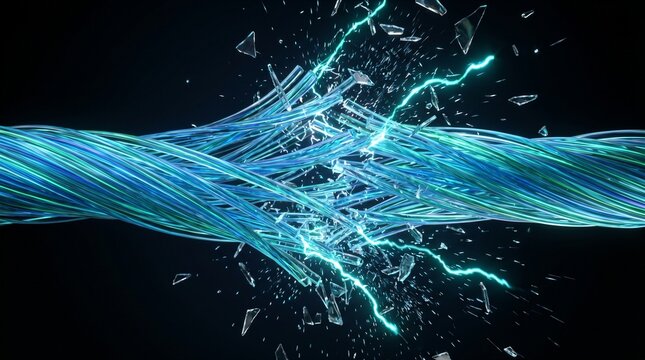 Intense view of vibrant neon cyan fiber optic cables snapping and shattering in darkness to symbolize global communication failure