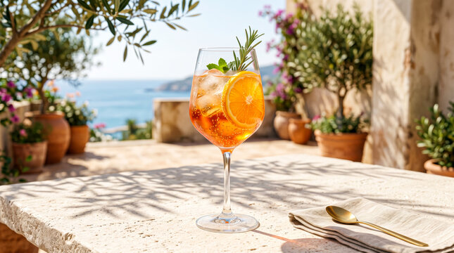 Aperitif drink in wine glass on sunny outdoor terrace with mediterranean sea view and olive trees.