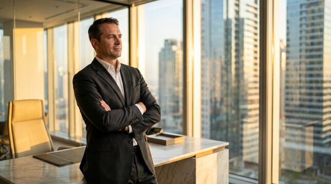 Confident businessman in grey suit standing with arms crossed in modern high rise office building.
