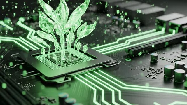 High-quality 3D animation depicting a translucent, crystalline plant sprouting from a central processing unit (CPU) on a dark, sophisticated motherboard. 