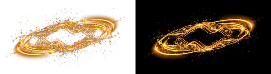 PNG image of A luminous golden light streak swirl with sparkling dust particles on transparent background © zakir