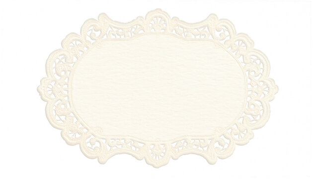 Vintage oval lace doily frame on black background with blank center for text. Decorative paper border ideal for invitation, greeting card, wedding, menu, label or scrapbook design with copy space.