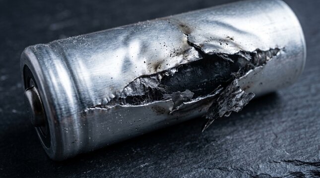 Ruptured lithium ion battery cell with split metallic casing and charred inner layers representing technology decay