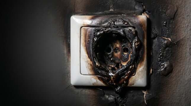 Scorched and melted electrical wall socket warped from thermal overload on a blistered wall representing power surge and grid instability